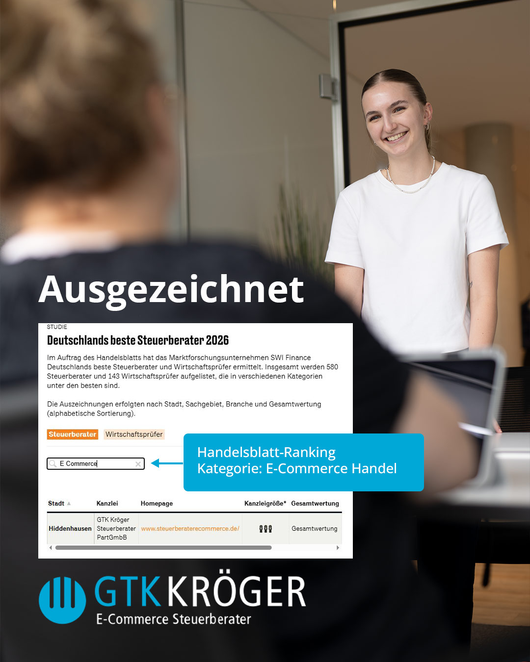 Das Team von GTK Kröger freut sich über die Auszeichnung "Beste Steuerberater 2026" durch das Handelsblatt in den Kategorien Handel und E-Commerce